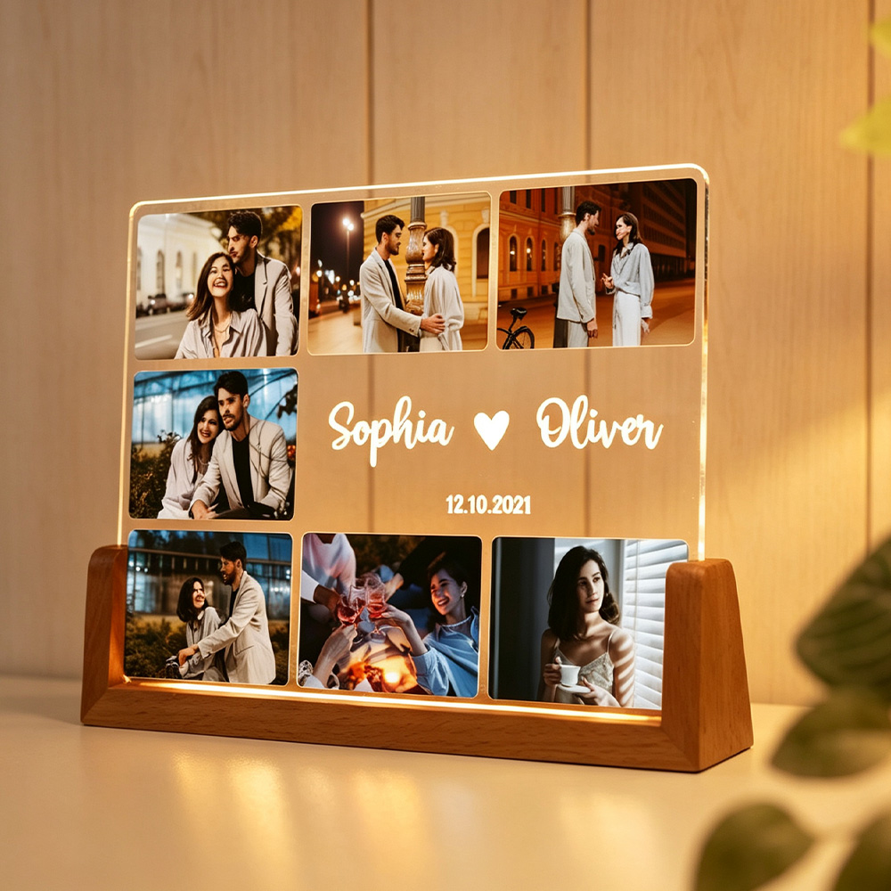 Personalized Couple Photo Night Light, Custom Acrylic LED Lamp with Photos & Names, Romantic Anniversary Gift for Couples, Wedding Keepsake