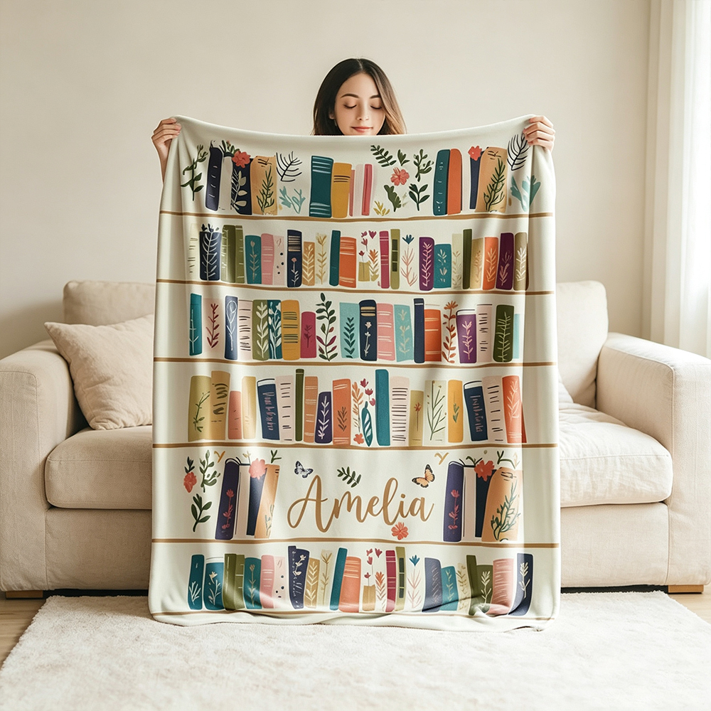 Personalized Vintage Bookshelf Wildflower Soft Throw Blanket with Name, Cozy Floral Reading Blanket Birthday Gift for Women, Book Lovers & Bookworms
