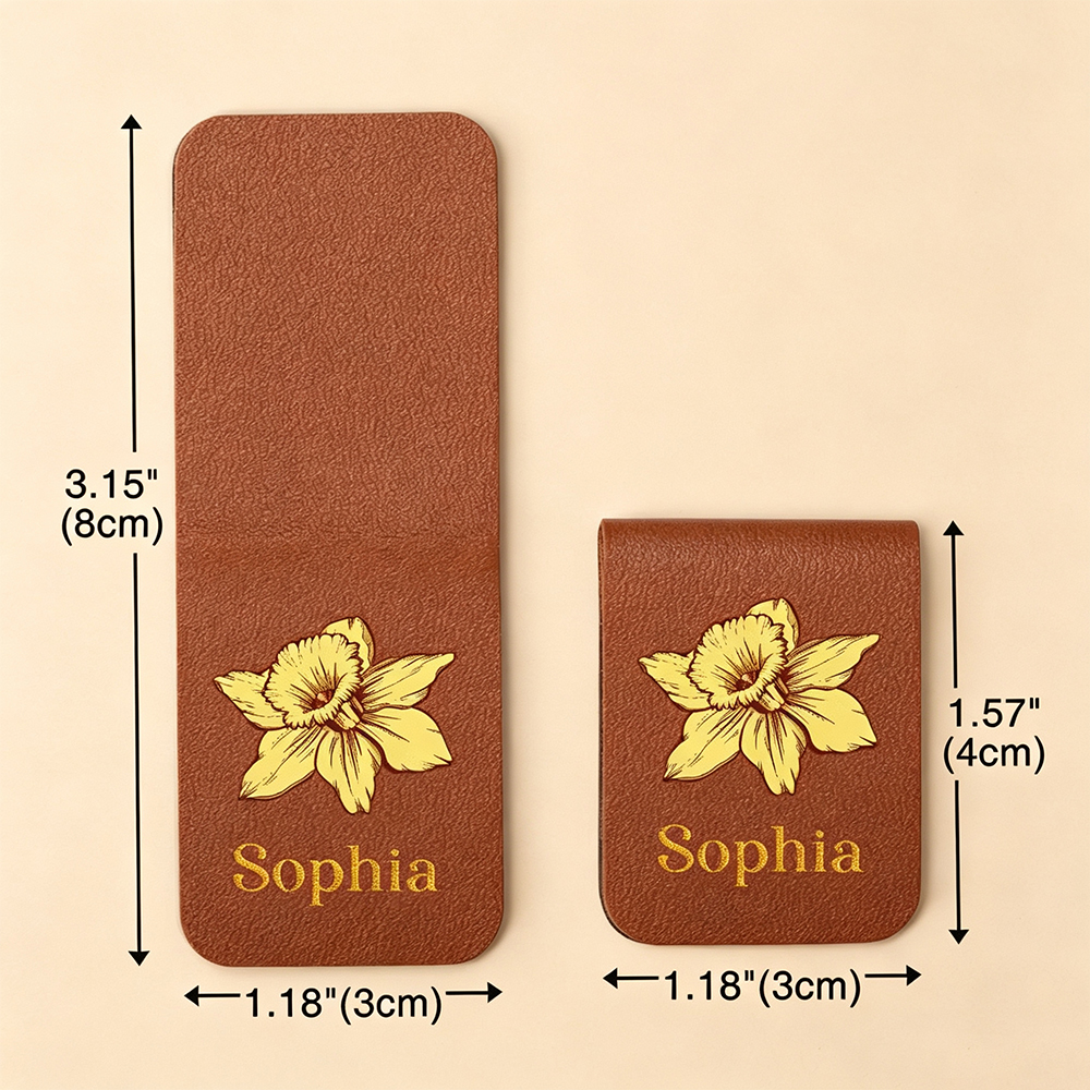Personalized Birth Flower Magnetic Leather Bookmark with Engraved Name, Custom Reading Gift for Book Lovers