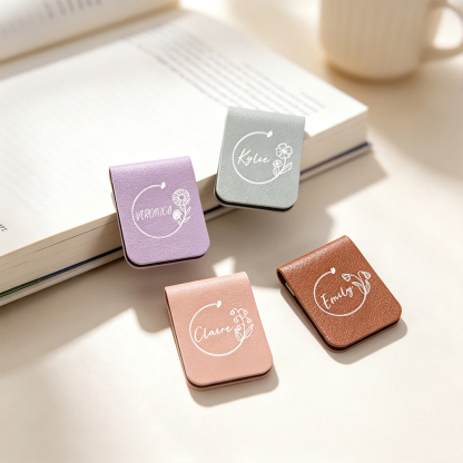 Personalized Birth Flower Magnetic Leather Bookmark with Name, Custom Reading Gift for Book Lovers