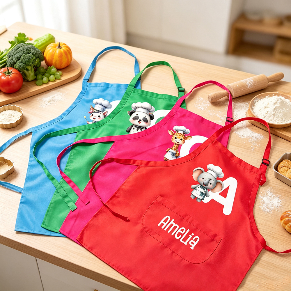 Personalized Animal Chef Costume Set for Kids, Custom Name Initial Apron with Matching Chef Hat, Cooking Baking Gift for Boys Girls