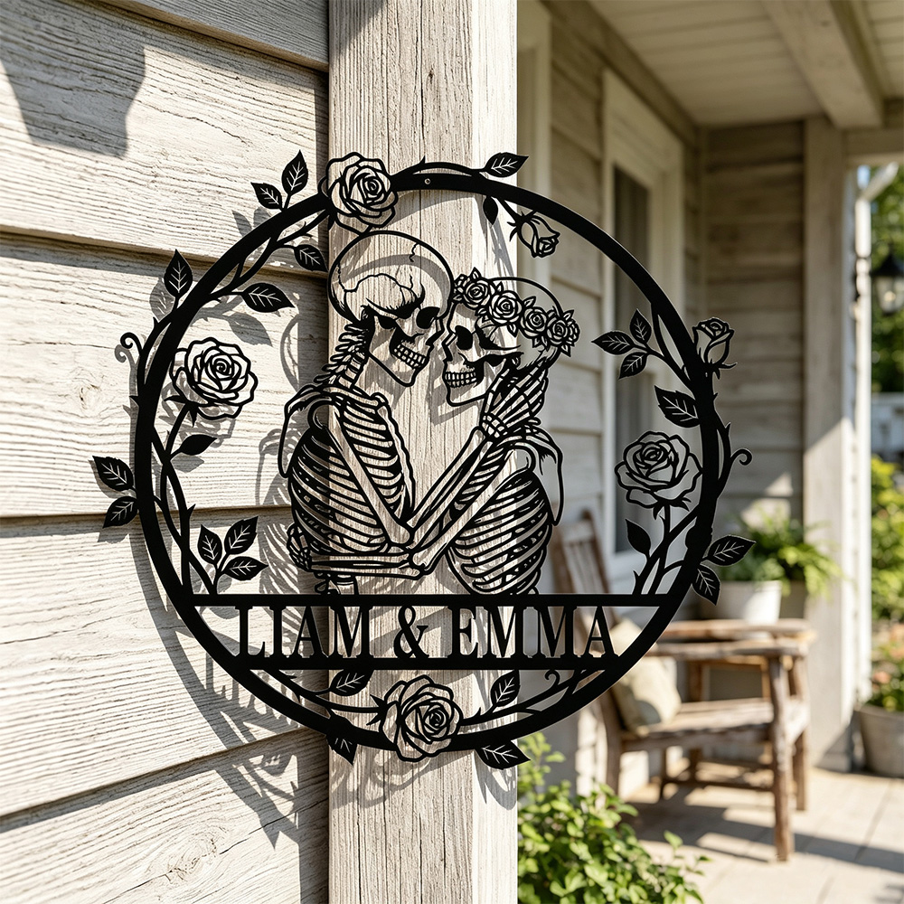 Personalized Skeleton Couple Metal Wall Art – Custom Name Gothic Wedding Sign, Halloween Home Decor & Unique Anniversary Gift