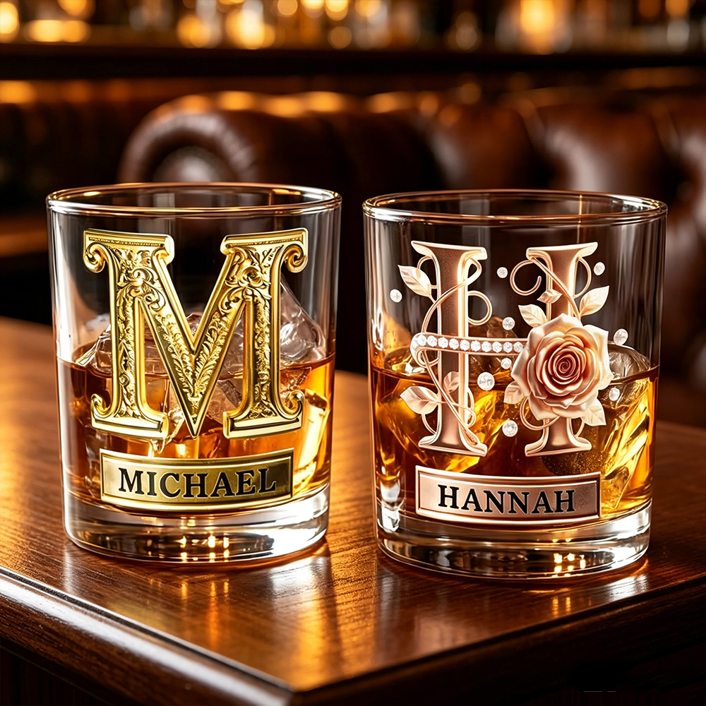 Personalized Whiskey Glass with Initials & Roses, Custom 10oz Old Fashioned Rocks Glass, Anniversary Gift for Couples
