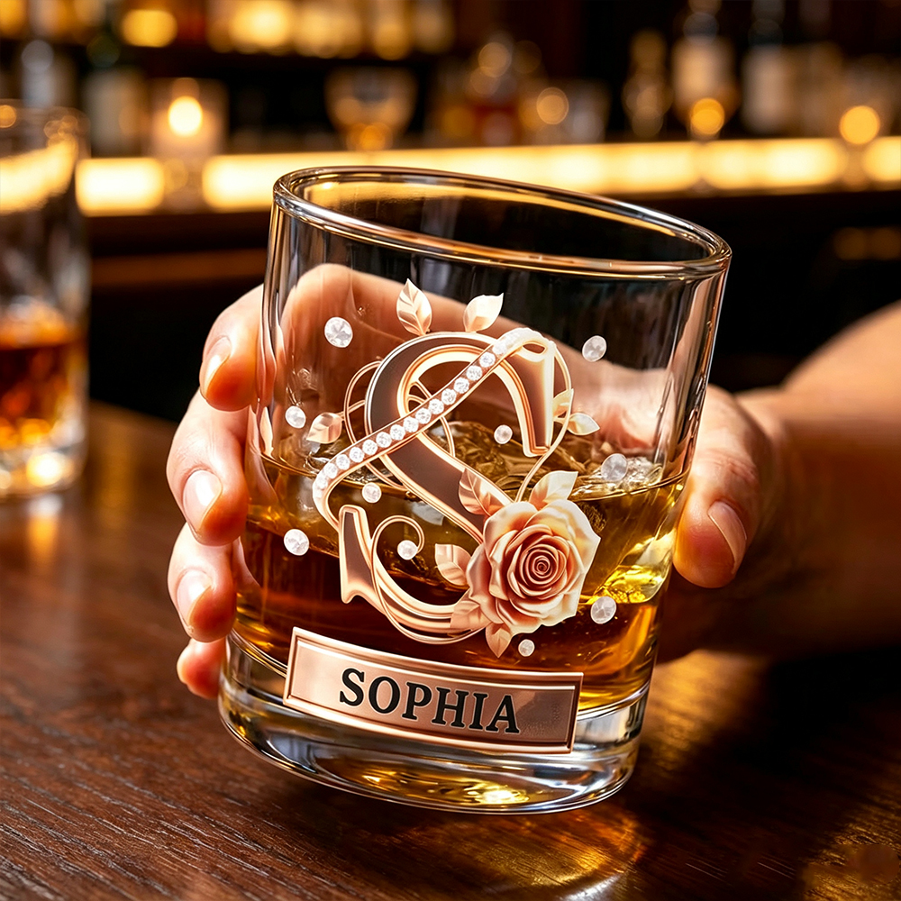 Personalized Whiskey Glass with Initials & Roses, Custom 10oz Old Fashioned Rocks Glass, Anniversary Gift for Couples