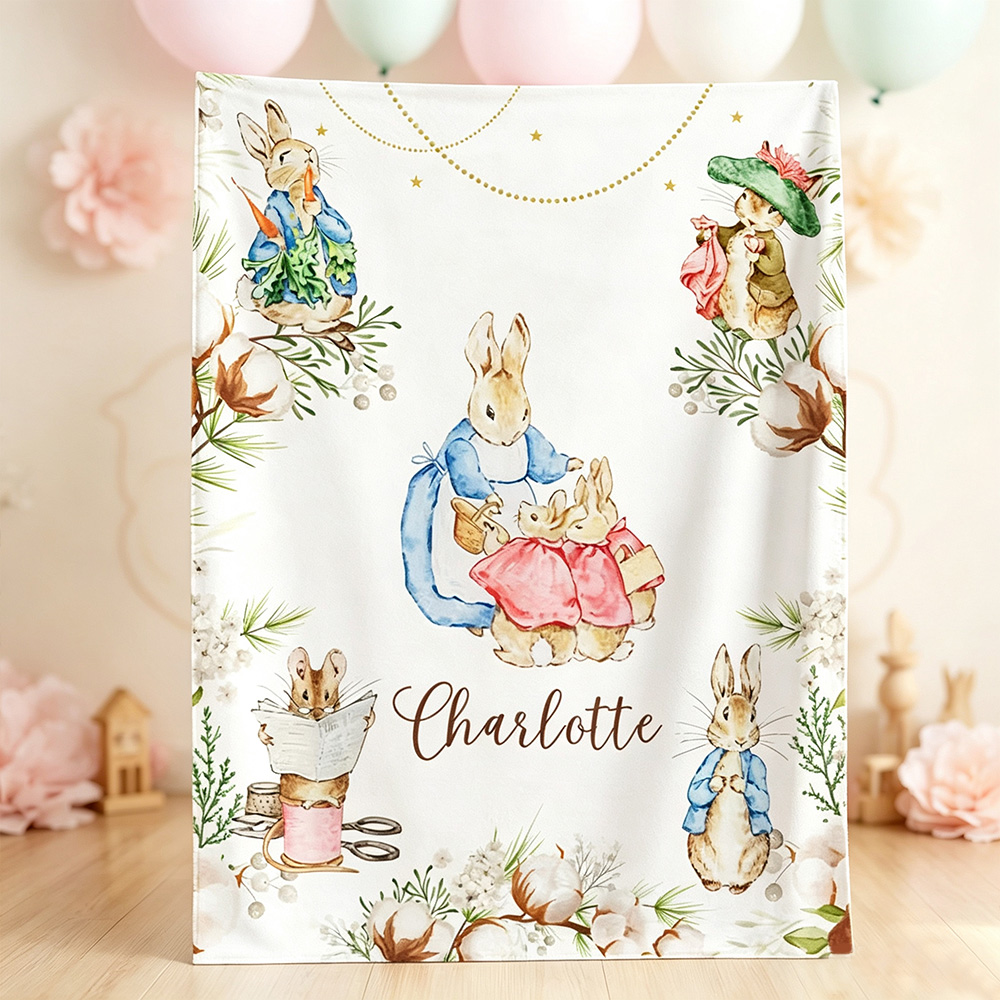 Personalized Peter Rabbit Easter Soft Throw Blanket with Name, Cute Bunny Nursery Blanket, Spring Home Decor, Baby Shower Birthday Gift for Newborns & Kids