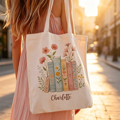 Personalized Floral Book Stack Tote Bag – Custom Name Canvas Tote for Book Lovers, Teachers & Librarians