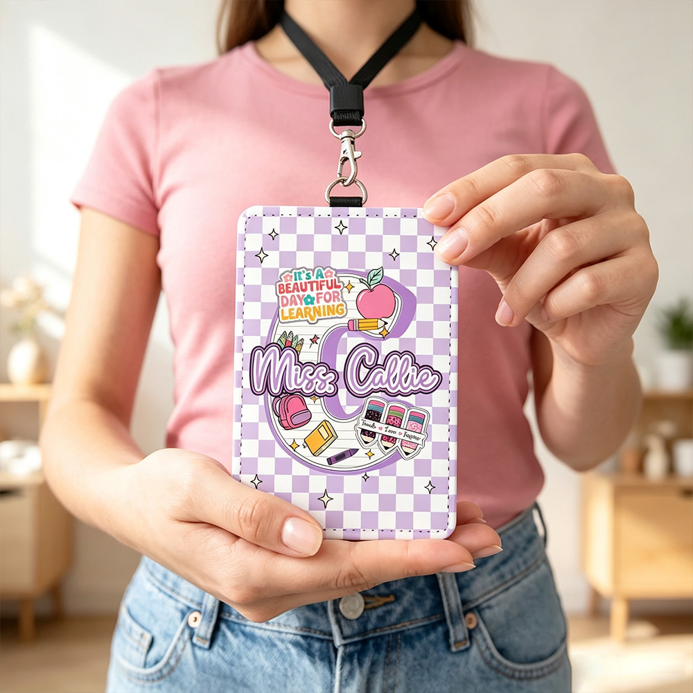Personalized Apple Teacher ID Badge Holder with Initial & Name, Cute PU Leather Badge Reel Holder for Teachers, School Staff Appreciation Gift