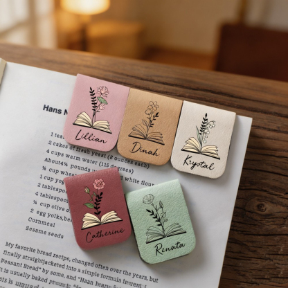 Personalized Birth Flower Leather Magnetic Bookmark, Custom Name Floral Bookmark Clip, Reading Gift for Book Lovers, Birthday Gift for Her