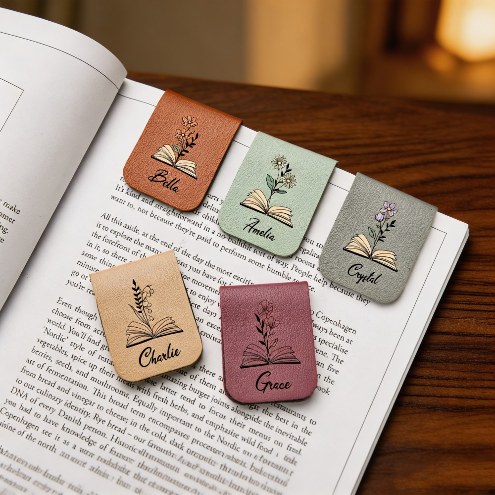 Personalized Birth Flower Leather Magnetic Bookmark, Custom Name Floral Bookmark Clip, Reading Gift for Book Lovers, Birthday Gift for Her