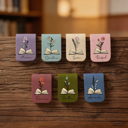 Personalized Birth Flower Leather Magnetic Bookmark, Custom Name Floral Bookmark Clip, Reading Gift for Book Lovers, Birthday Gift for Her