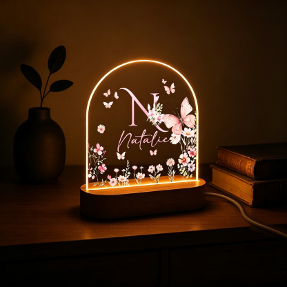 Personalized Butterfly Flower Night Light with Name, Custom Acrylic LED Lamp with Wooden Base, Floral Bedroom Decor, Birthday Gift for Her
