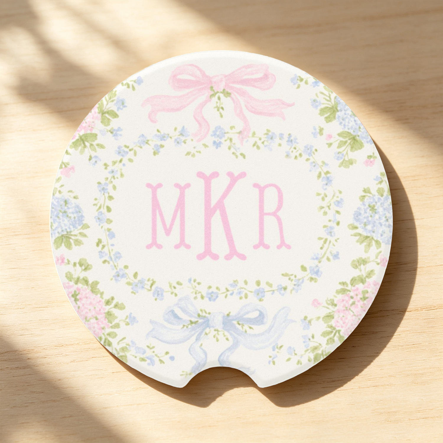 Personalized Floral Car Coaster, Custom Monogram Pink Blue Coquette Car Cup Holder Decor, Grandmillennial Car Accessory, Cute Gift for Her