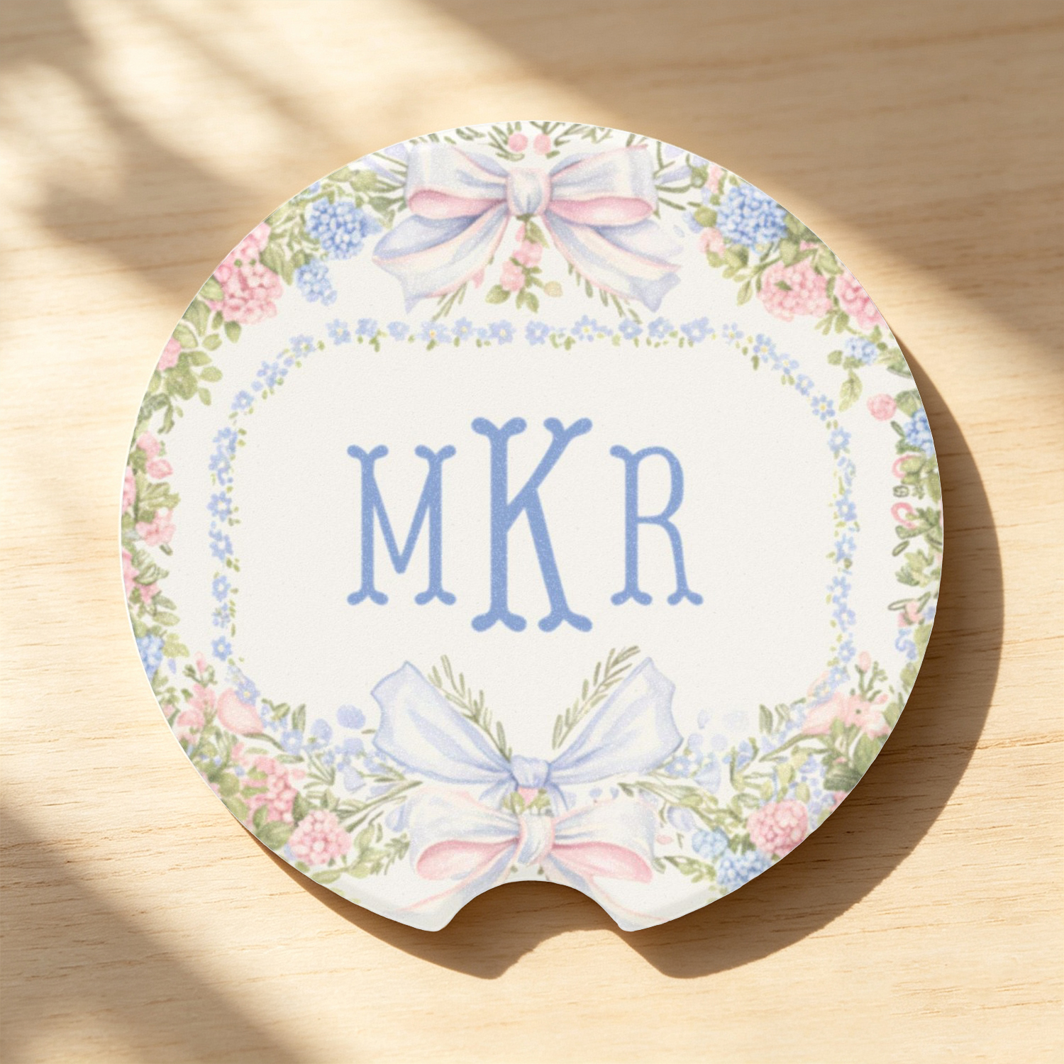 Personalized Floral Car Coaster, Custom Monogram Pink Blue Coquette Car Cup Holder Decor, Grandmillennial Car Accessory, Cute Gift for Her