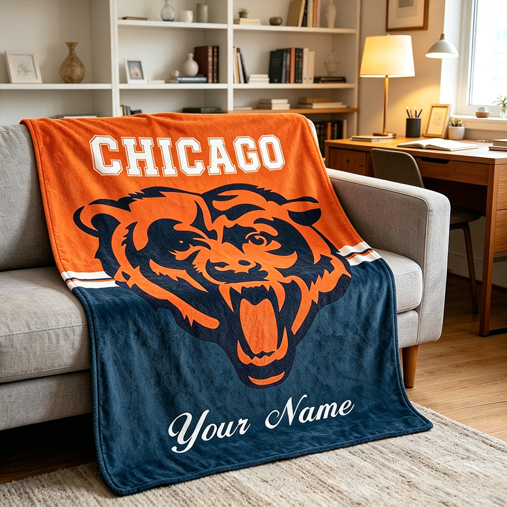 Custom Chicago Football Blanket with Name, Personalized Soft Throw, Football Fan Gift, Birthday Gift for Him or Her