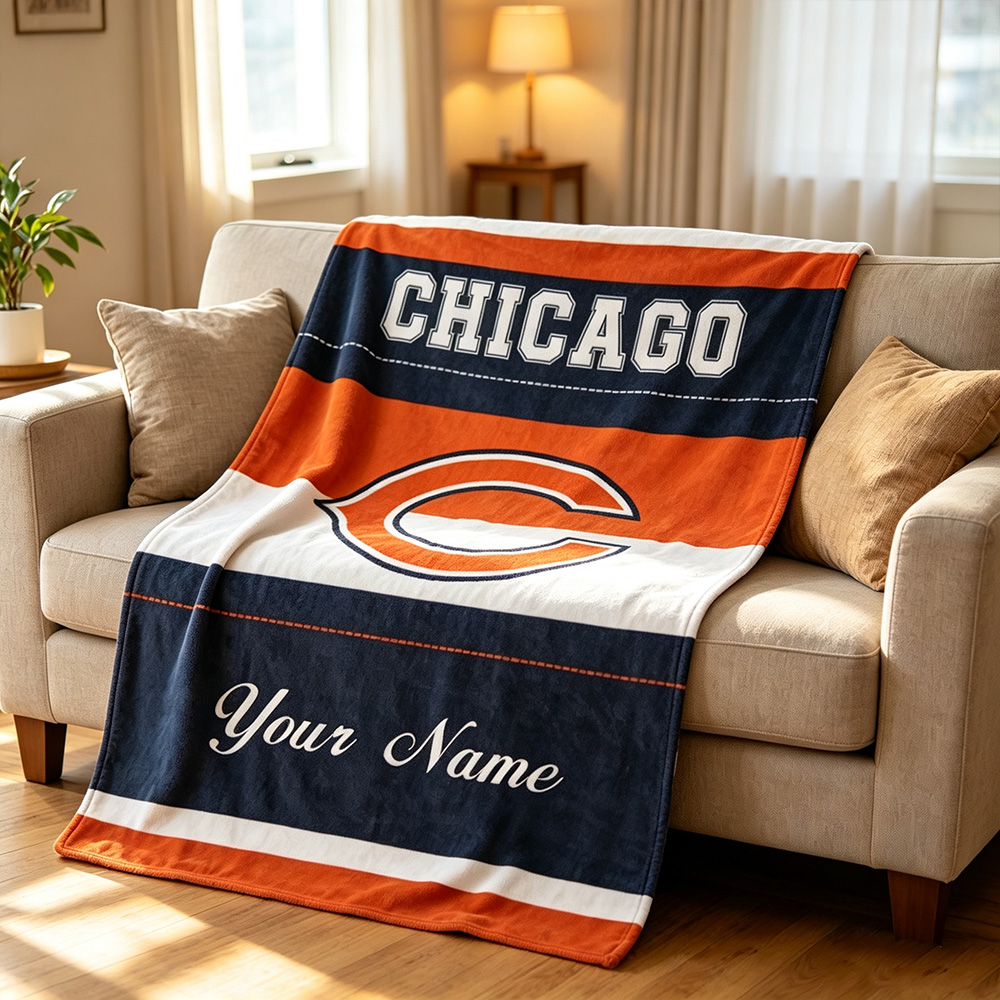 Custom Chicago Football Blanket with Name, Personalized Soft Throw, Football Fan Gift, Birthday Gift for Him or Her