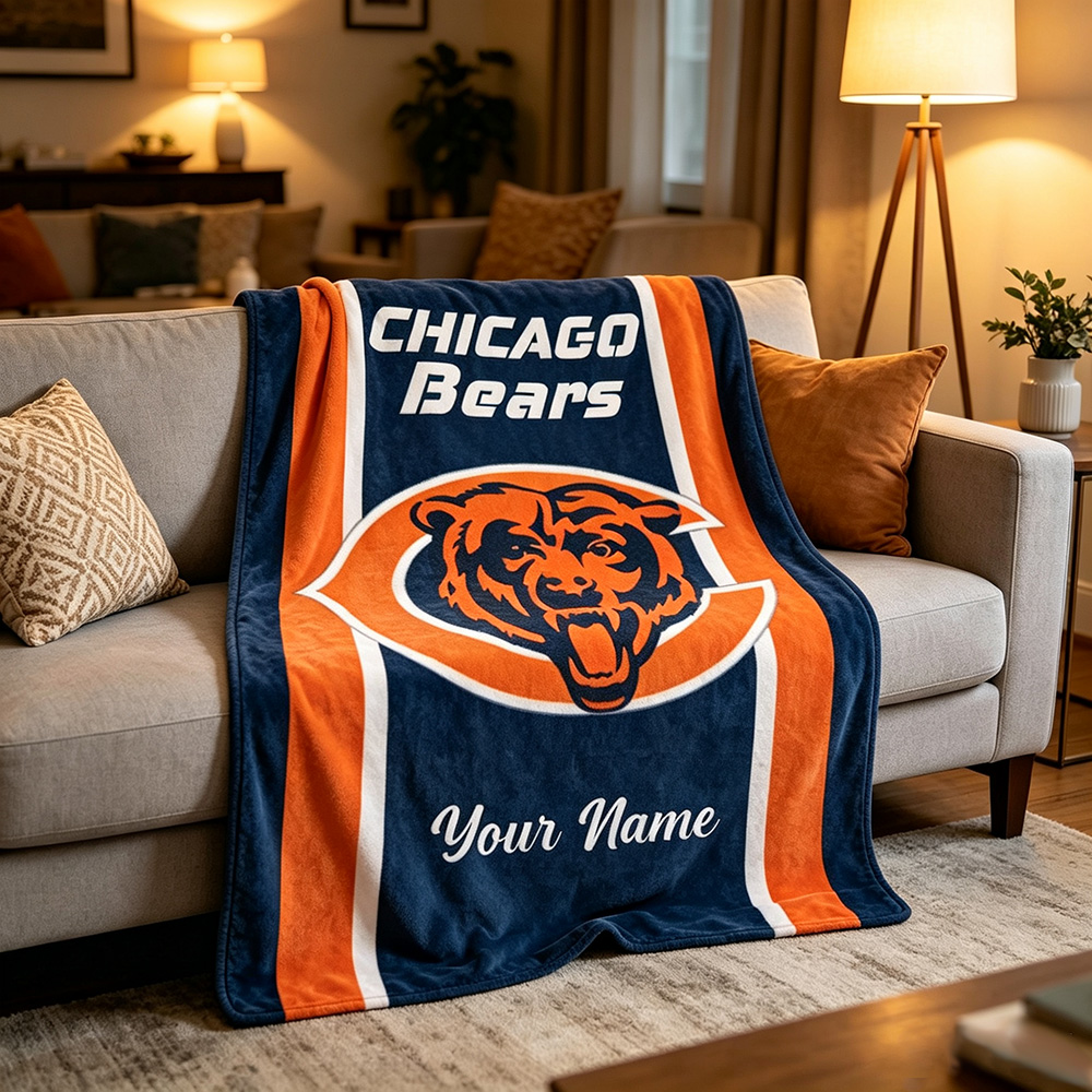 Custom Chicago Football Blanket with Name, Personalized Soft Throw, Football Fan Gift, Birthday Gift for Him or Her