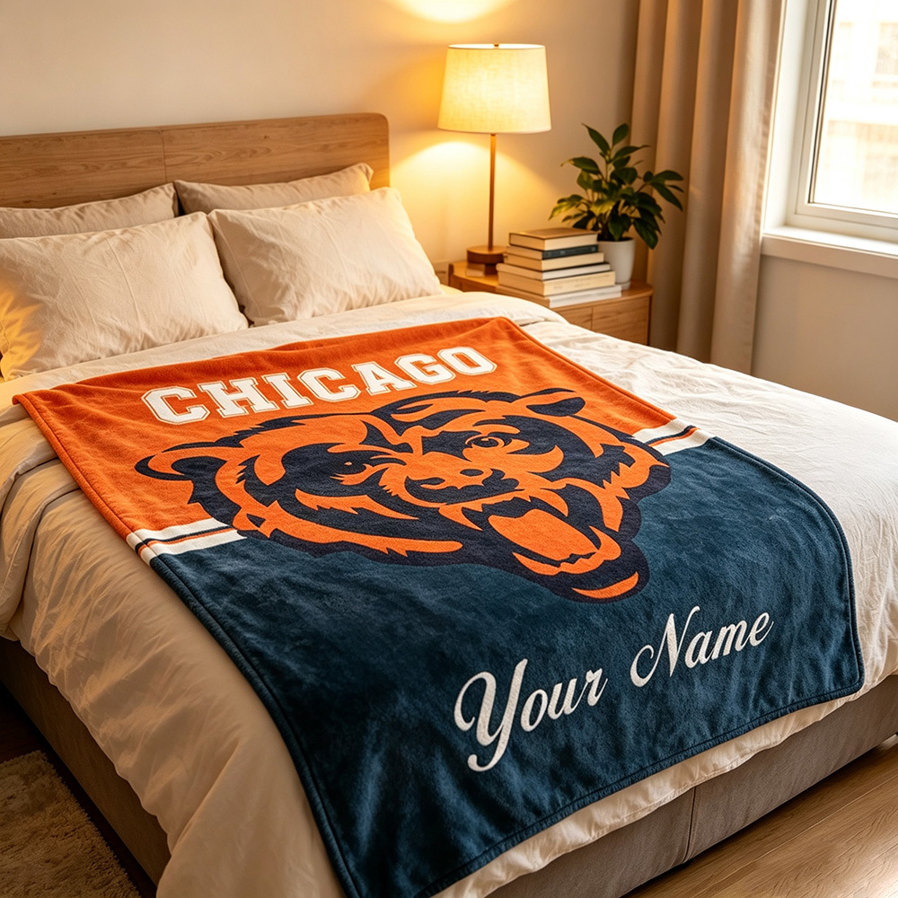 Custom Chicago Football Blanket with Name, Personalized Soft Throw, Football Fan Gift, Birthday Gift for Him or Her