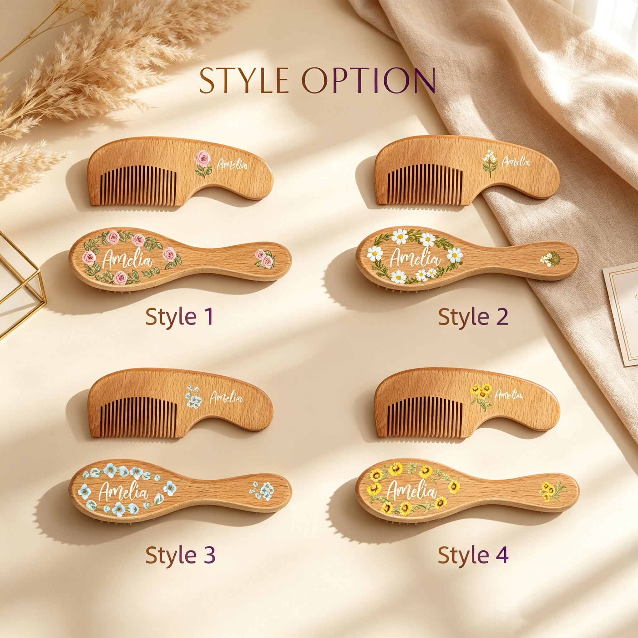 Personalized Wooden Baby Hair Brush & Comb Set, Custom Name Floral Hairbrush Set, Newborn Keepsake Gift, Baby Shower Gift for Boys & Girls