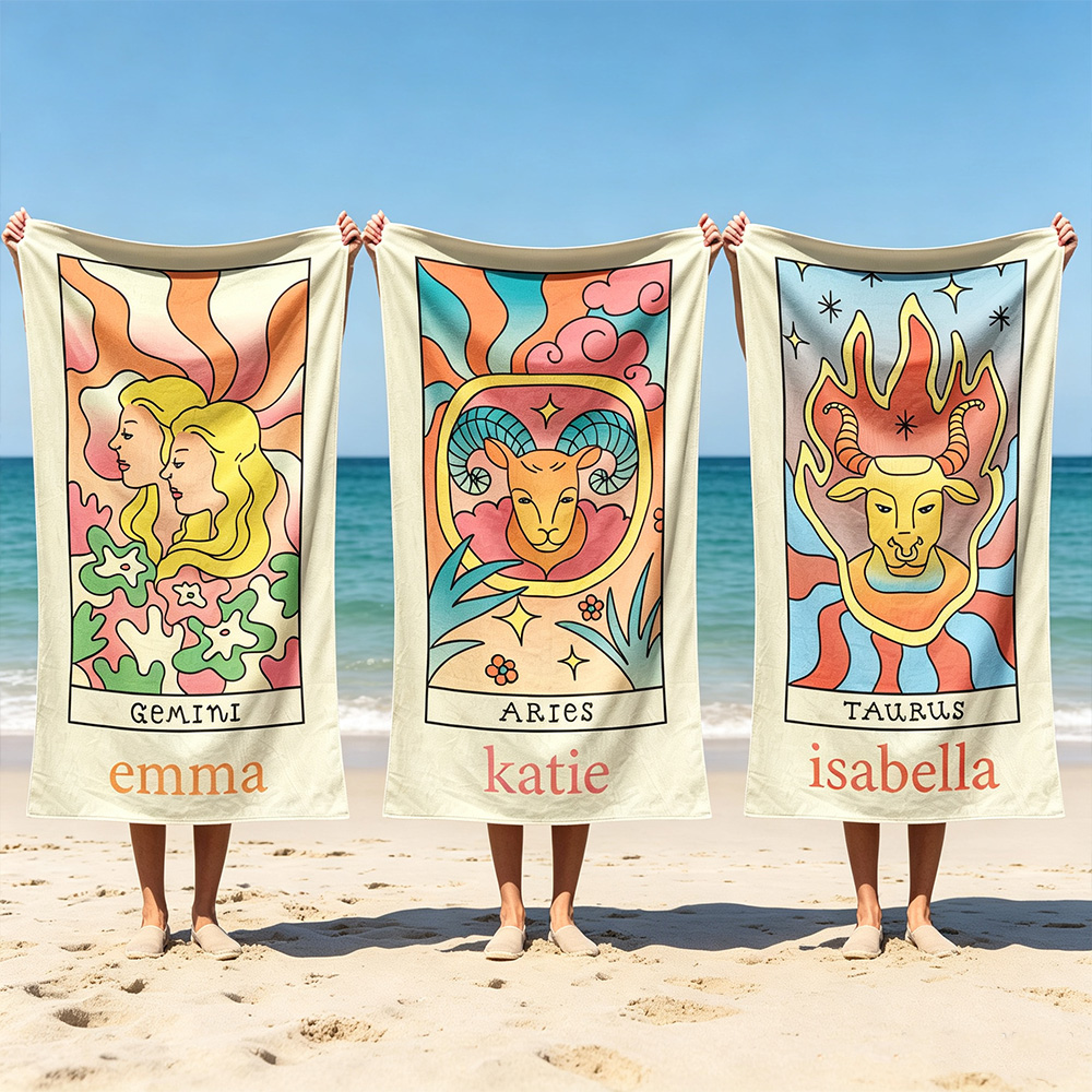 Personalized Zodiac Beach Towel, Custom Horoscope Sign Towel, Astrology Gift for Her, Birthday Summer Beach Gift