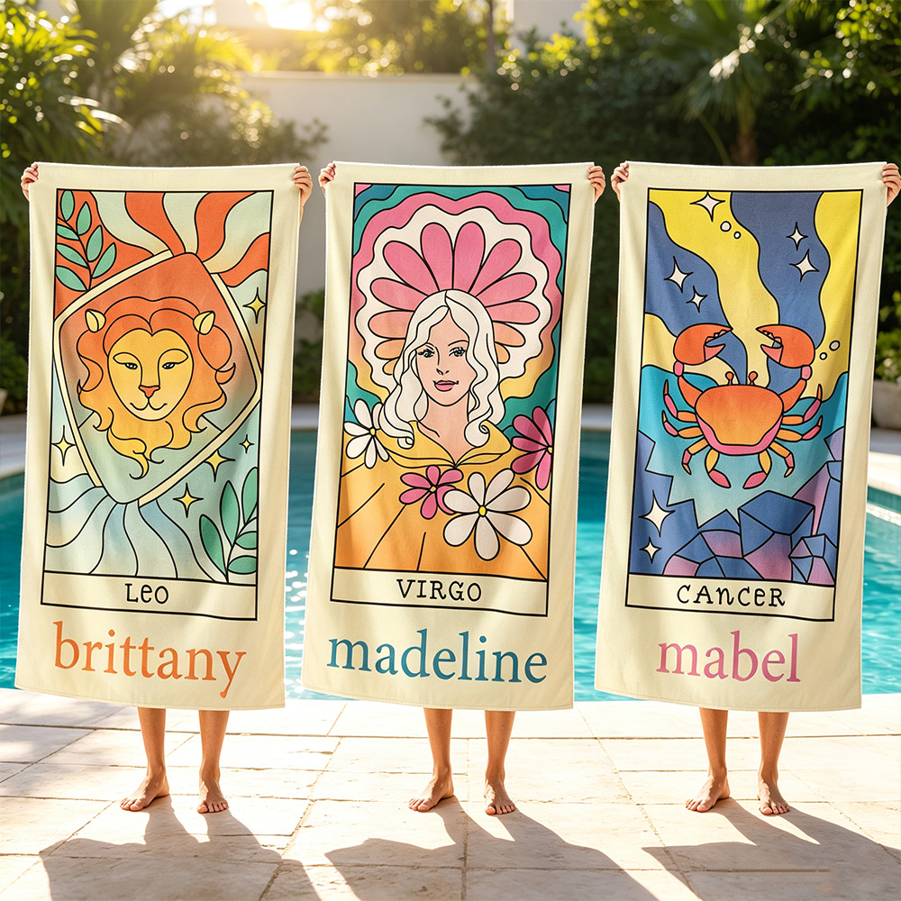 Personalized Zodiac Beach Towel, Custom Horoscope Sign Towel, Astrology Gift for Her, Birthday Summer Beach Gift