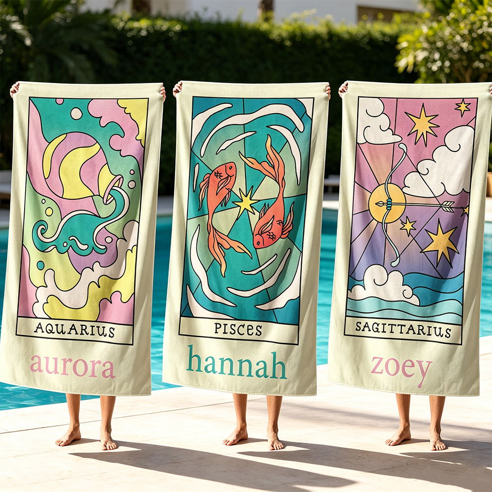 Personalized Zodiac Beach Towel, Custom Horoscope Sign Towel, Astrology Gift for Her, Birthday Summer Beach Gift