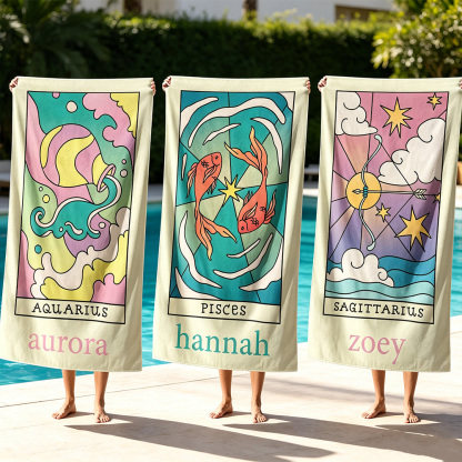 Personalized Zodiac Beach Towel, Custom Horoscope Sign Towel, Astrology Gift for Her, Birthday Summer Beach Gift