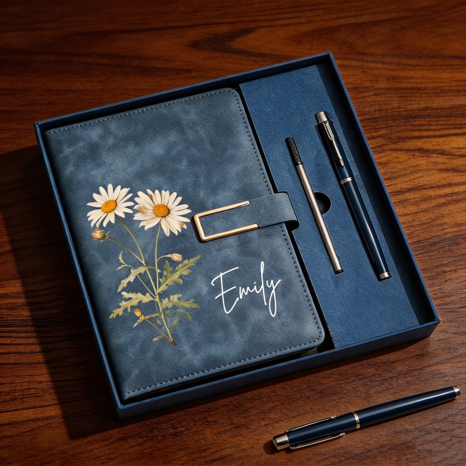 Personalized Birth Flower Journal & Pen Gift Set, Custom Name Leather Notebook, Birth Month Flower Diary, Elegant Birthday Gift for Women, Teacher Gift