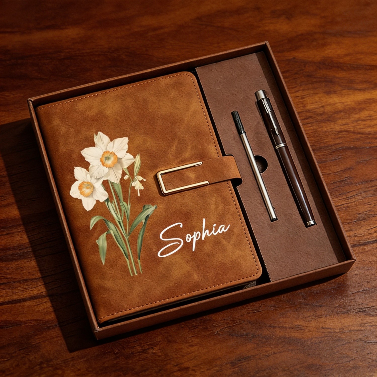 Personalized Birth Flower Journal & Pen Gift Set, Custom Name Leather Notebook, Birth Month Flower Diary, Elegant Birthday Gift for Women, Teacher Gift
