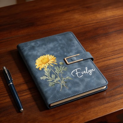 Personalized Birth Flower Journal & Pen Gift Set, Custom Name Leather Notebook, Birth Month Flower Diary, Elegant Birthday Gift for Women, Teacher Gift