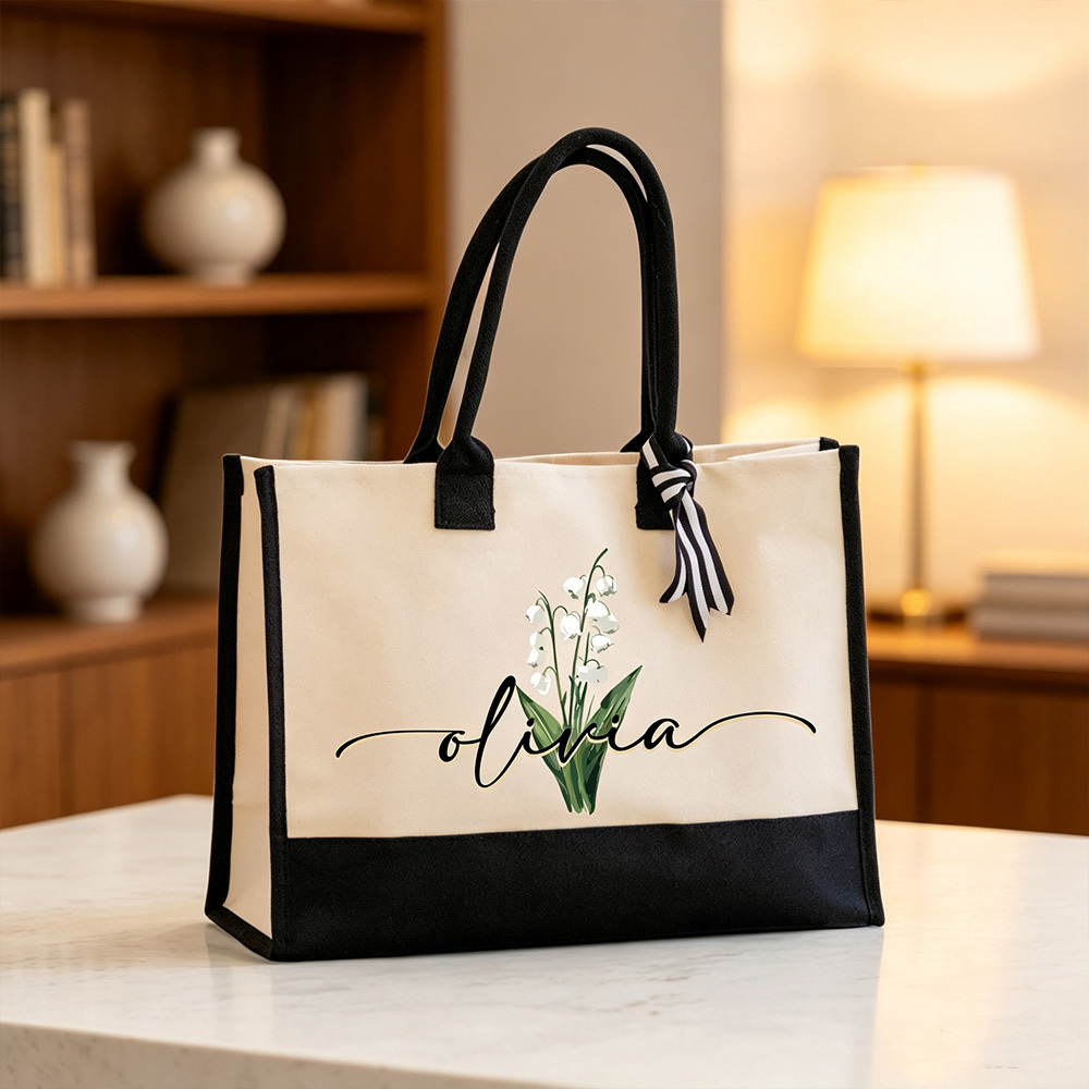 Personalized Birth Flower Tote Bag with Name, Custom Floral Canvas Tote, Birthday Gift for Her, Flower Lover Gift