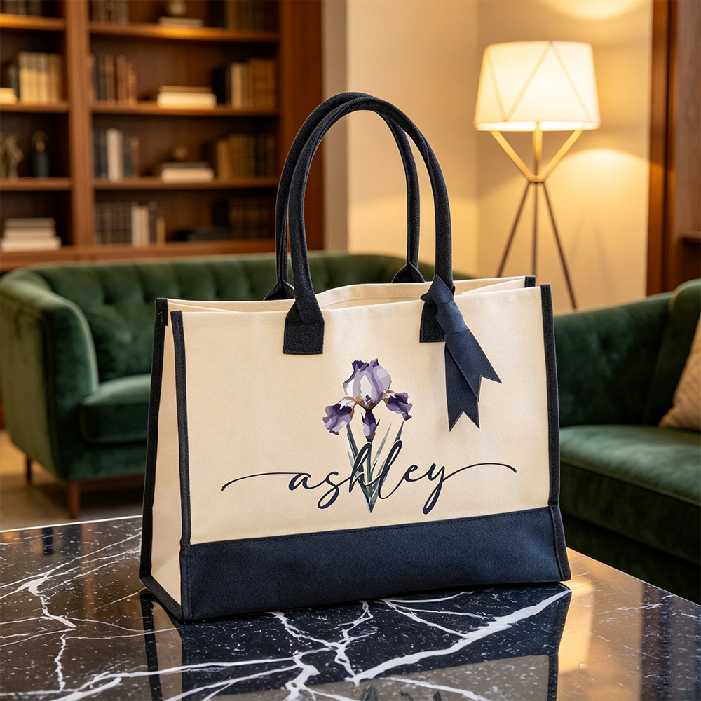 Personalized Birth Flower Tote Bag with Name, Custom Floral Canvas Tote, Birthday Gift for Her, Flower Lover Gift