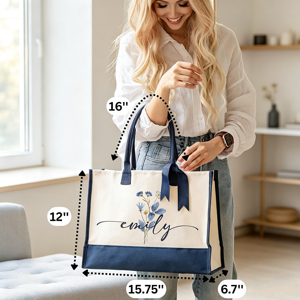 Personalized Birth Flower Tote Bag with Name, Custom Floral Canvas Tote, Birthday Gift for Her, Flower Lover Gift
