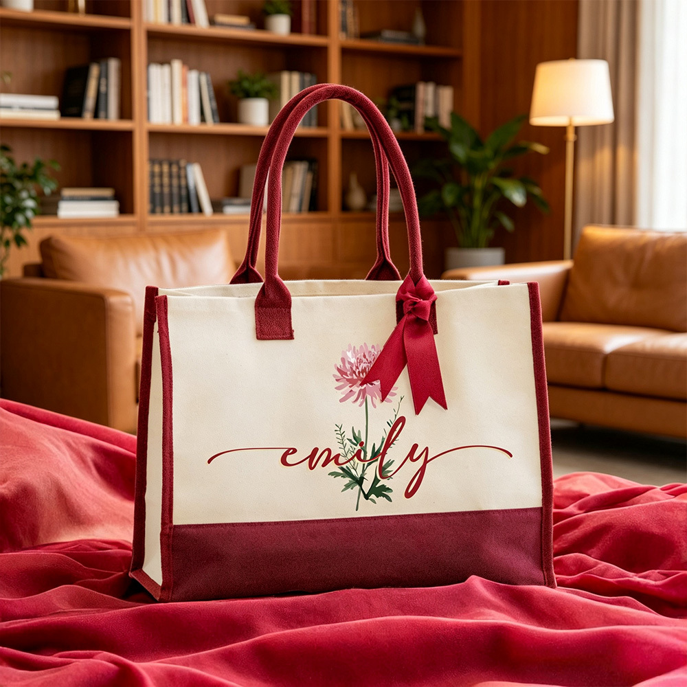 Personalized Birth Flower Tote Bag with Name, Custom Floral Canvas Tote, Birthday Gift for Her, Flower Lover Gift