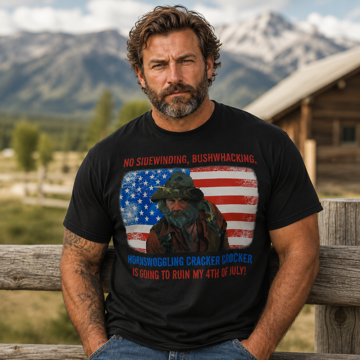 Funny 4th of July Patriotic Graphic T-Shirt – “No Sidewinding Bushwhacking” USA Flag Tee