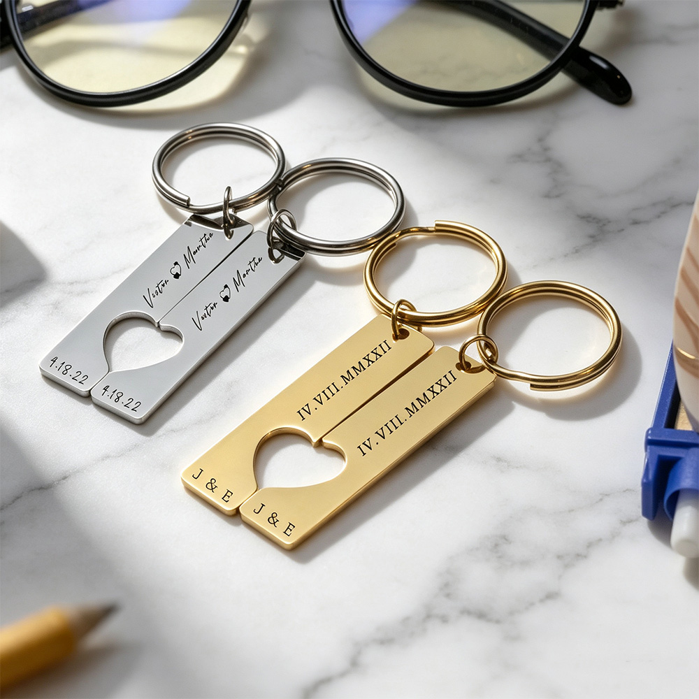 Custom Engraved Heart Couple Keychain Set – Personalized Wedding Date & Coordinates Anniversary Gift for Him & Her