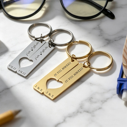 Custom Engraved Heart Couple Keychain Set – Personalized Wedding Date & Coordinates Anniversary Gift for Him & Her