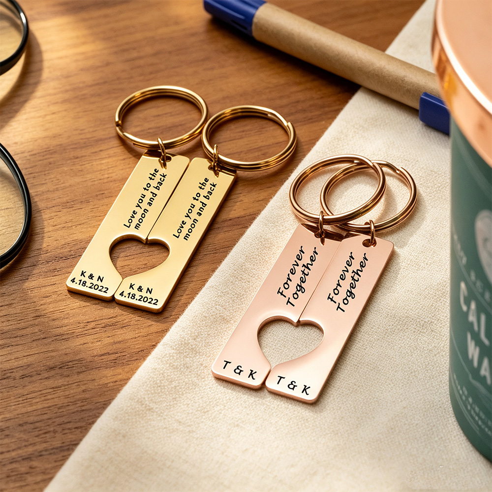 Custom Engraved Heart Couple Keychain Set – Personalized Wedding Date & Coordinates Anniversary Gift for Him & Her