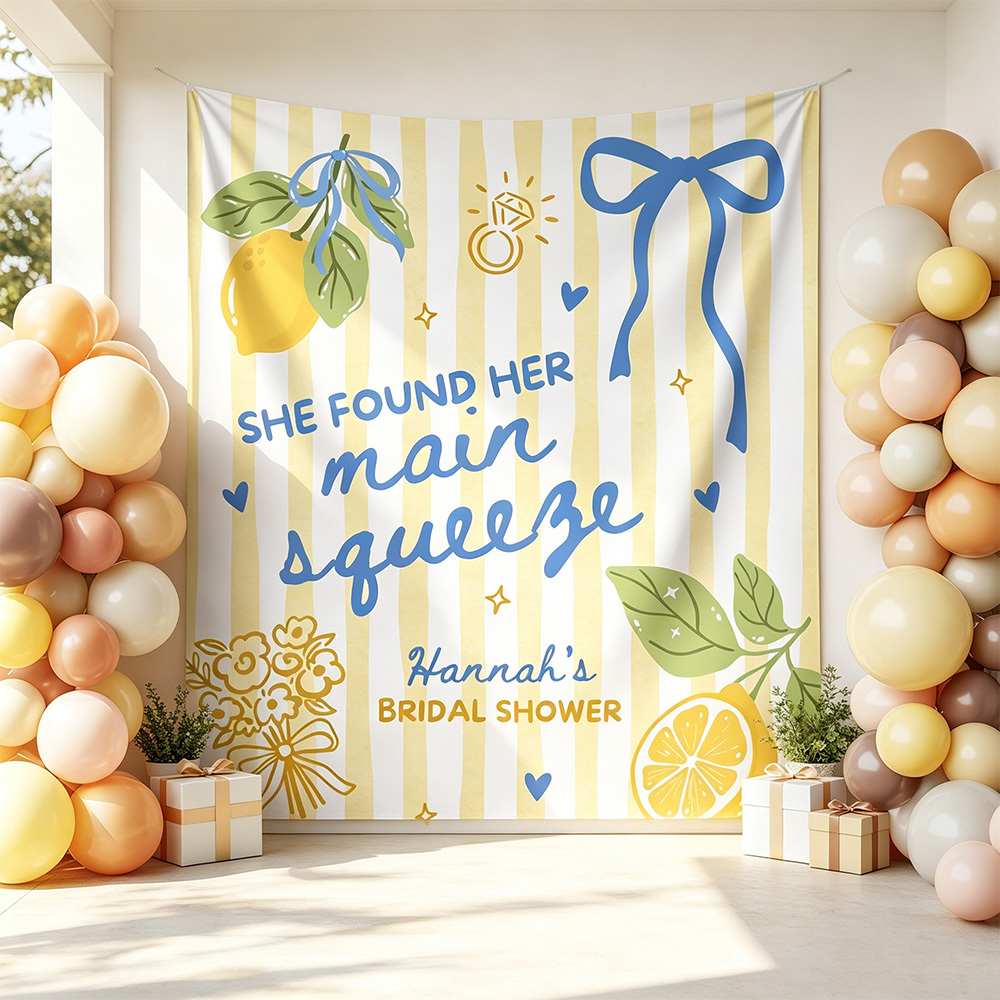 Personalized "She Found Her Main Squeeze" Bridal Shower Backdrop – Custom Lemon Theme Party Banner, Yellow & Blue Striped Photo Booth Prop for Engagement Party