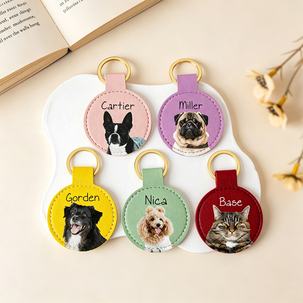 Personalized Pet Photo Leather Keychain – Custom Dog Portrait Key Ring with Name Engraving, 2” Round Gift for Pet Lovers
