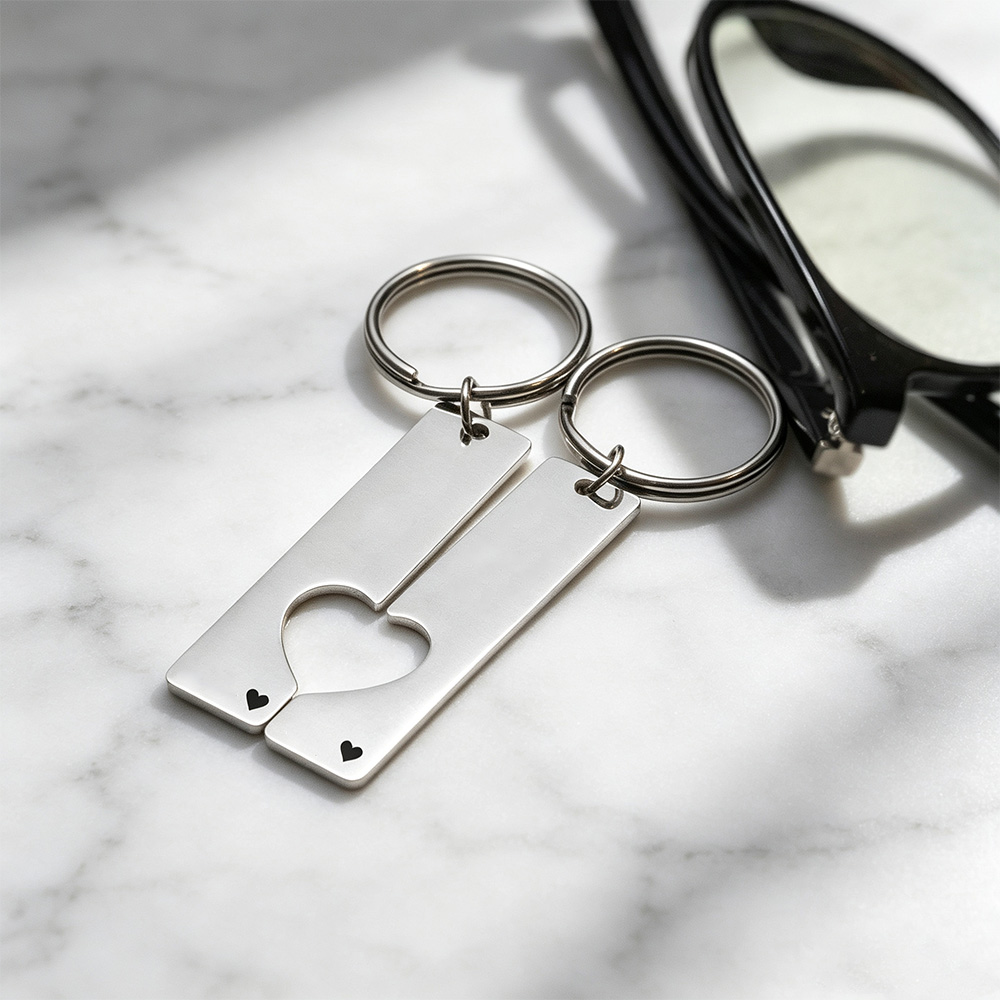 Custom Engraved Heart Couple Keychain Set – Personalized Wedding Date & Coordinates Anniversary Gift for Him & Her