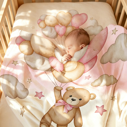 Personalized Teddy Bear Balloon Baby Blanket with First and Last Name, Soft Fleece Nursery Blanket, Baby Shower Birthday Gift for Newborns and Kids