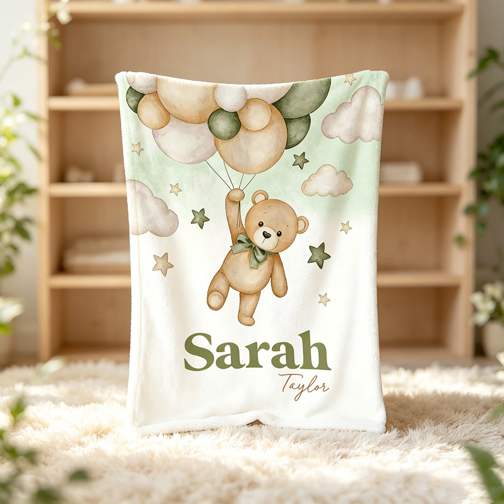 Personalized Teddy Bear Balloon Baby Blanket with First and Last Name, Soft Fleece Nursery Blanket, Baby Shower Birthday Gift for Newborns and Kids