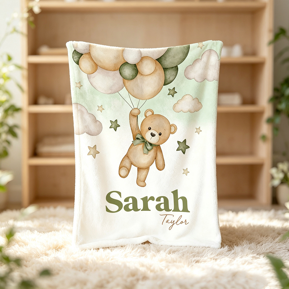 Personalized Teddy Bear Balloon Baby Blanket with First and Last Name, Soft Fleece Nursery Blanket, Baby Shower Birthday Gift for Newborns and Kids