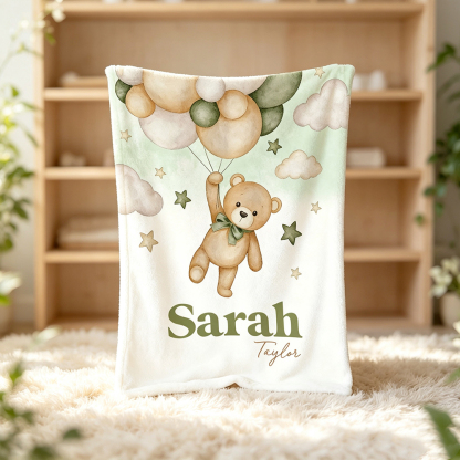 Personalized Teddy Bear Balloon Baby Blanket with First and Last Name, Soft Fleece Nursery Blanket, Baby Shower Birthday Gift for Newborns and Kids