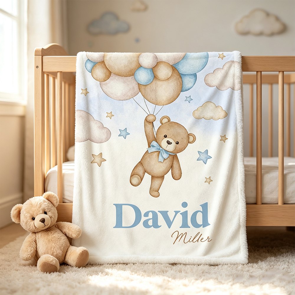 Personalized Teddy Bear Balloon Baby Blanket with First and Last Name, Soft Fleece Nursery Blanket, Baby Shower Birthday Gift for Newborns and Kids
