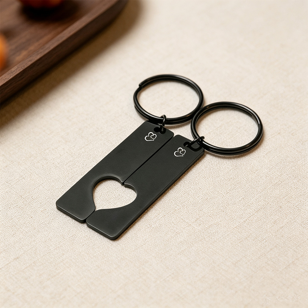 Custom Engraved Heart Couple Keychain Set – Personalized Wedding Date & Coordinates Anniversary Gift for Him & Her