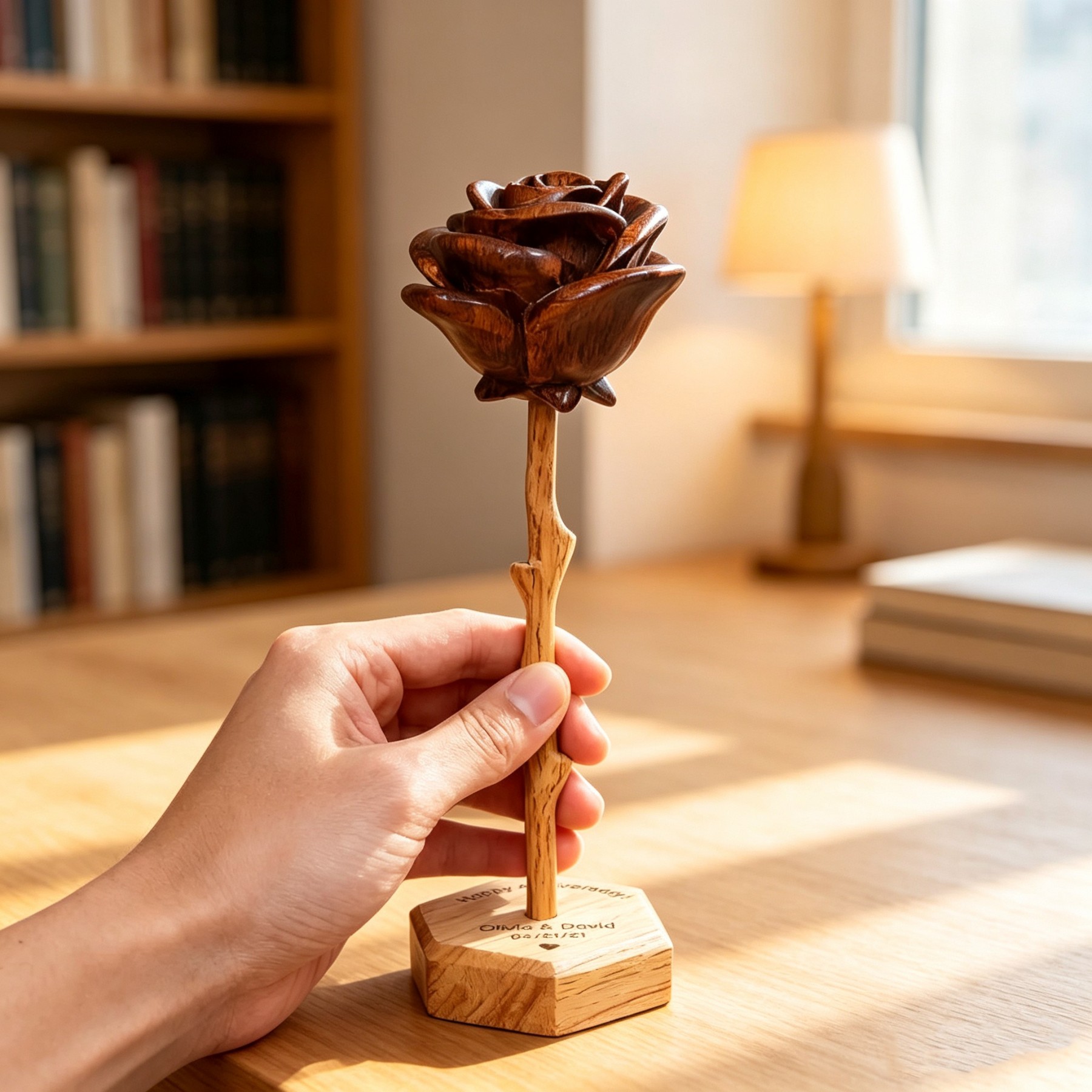 Realistic Solid Wood Rose Sculpture – Personalized Hexagon Base Home Decor, Unique Keepsake for Her, Wife, Mom or Girlfriend