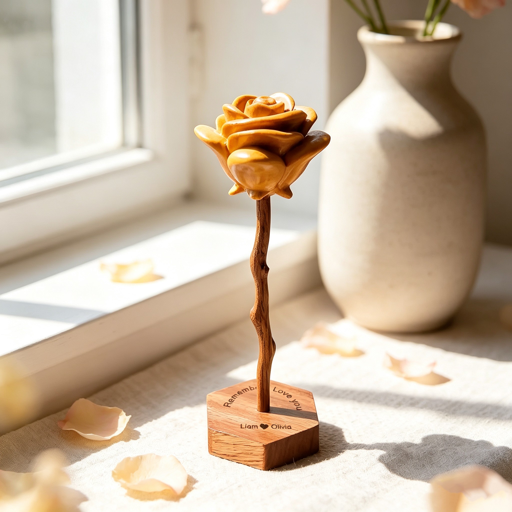 Realistic Solid Wood Rose Sculpture – Personalized Hexagon Base Home Decor, Unique Keepsake for Her, Wife, Mom or Girlfriend