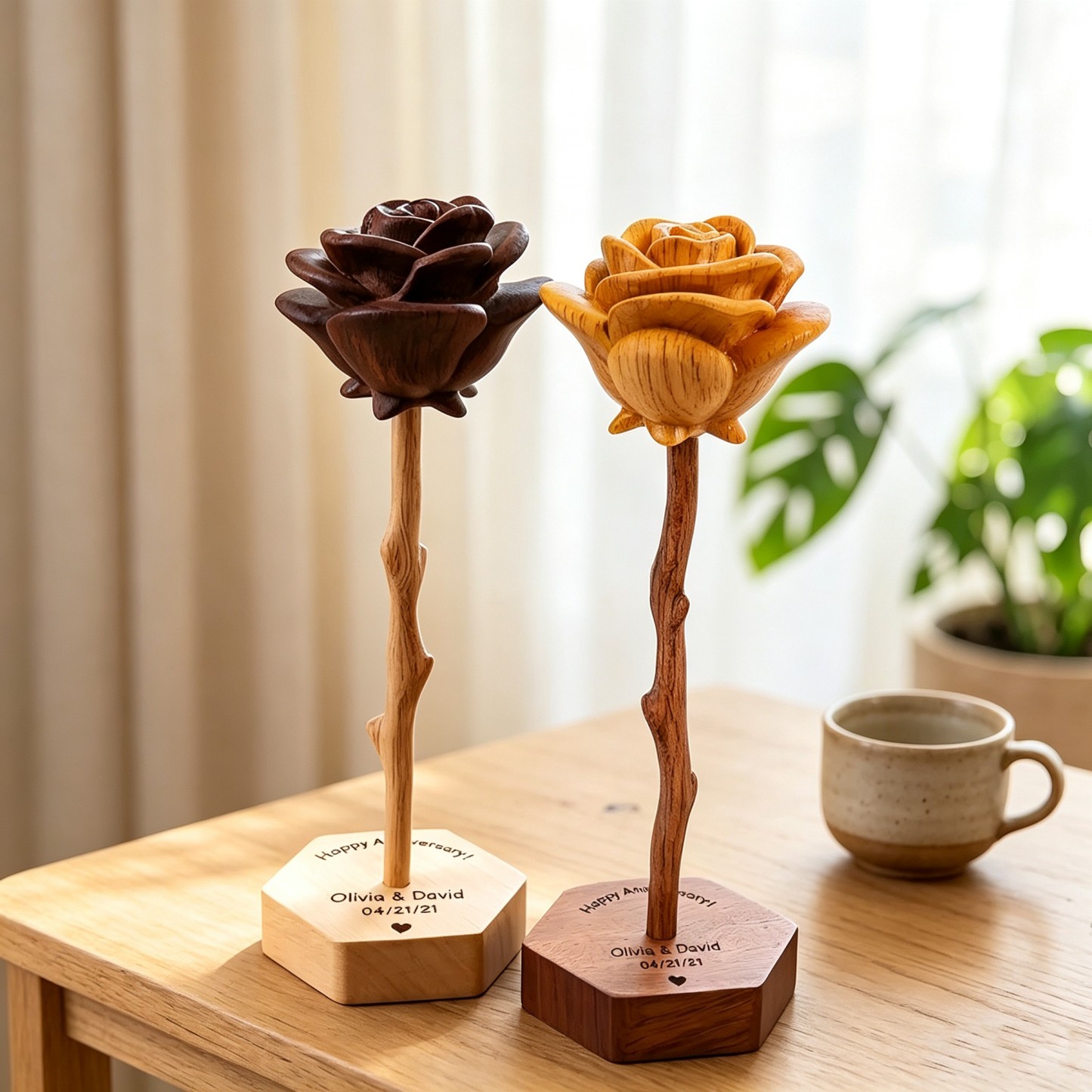 Realistic Solid Wood Rose Sculpture – Personalized Hexagon Base Home Decor, Unique Keepsake for Her, Wife, Mom or Girlfriend