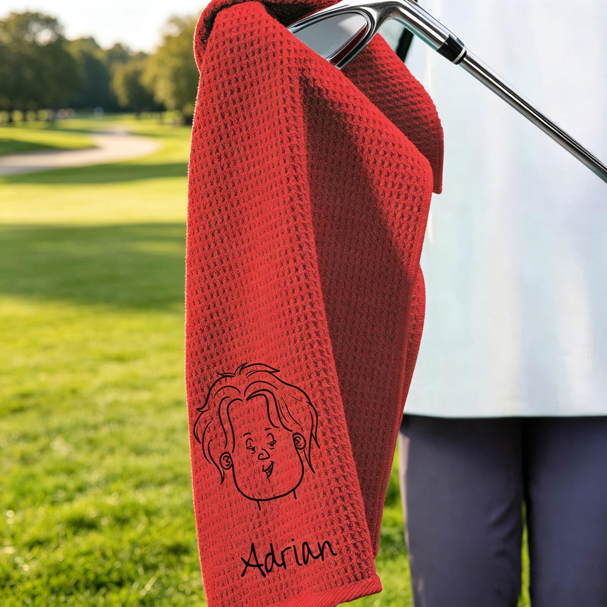 Personalized Comic Style Golf Towel with Name, Custom Character Waffle Golf Towel with Hanging Clip, Golf Gift for Golf Lovers